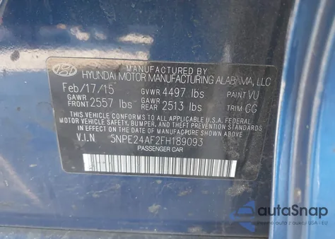 2015 Hyundai Sonata Se z USA, uszkodzony, nr VIN 5NPE24AF2FH189093
